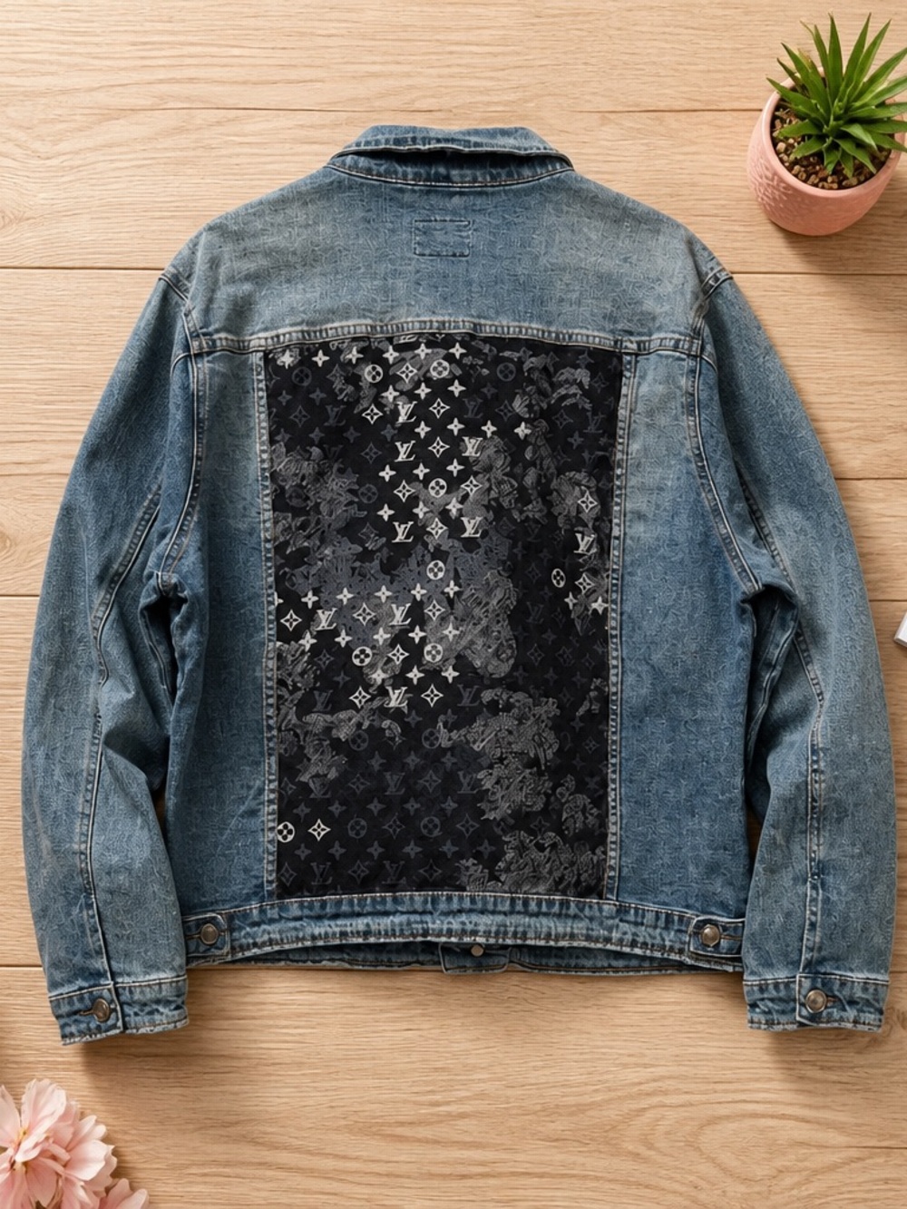 Upcycled LV Blue Denim Jacket with Black Monogram Back Panel - Women